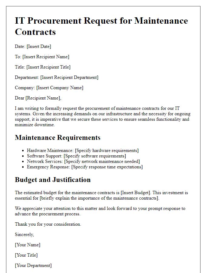 Letter template of IT procurement request for maintenance contracts