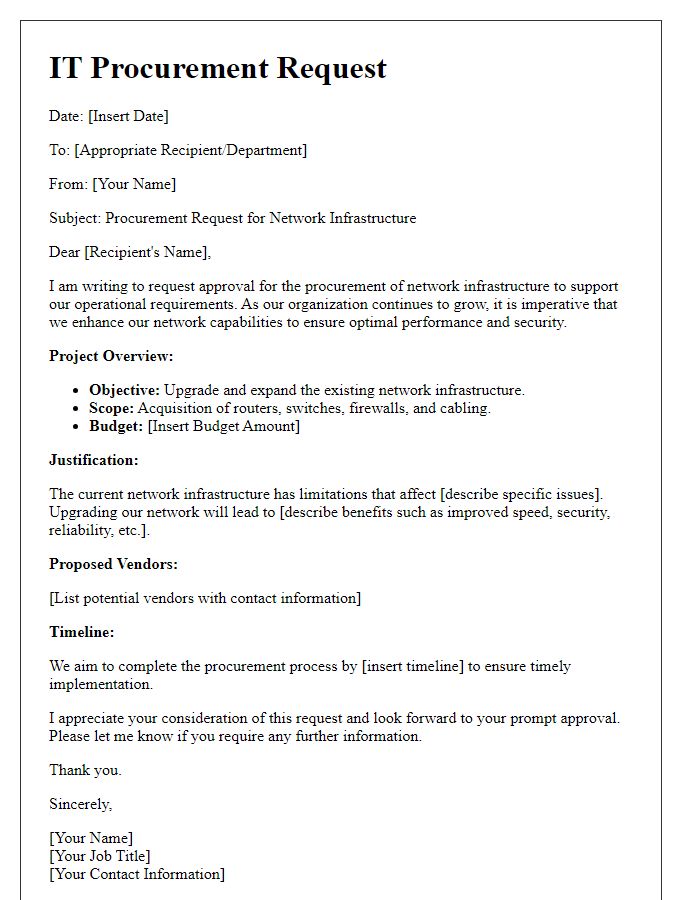 Letter template of IT procurement request for network infrastructure