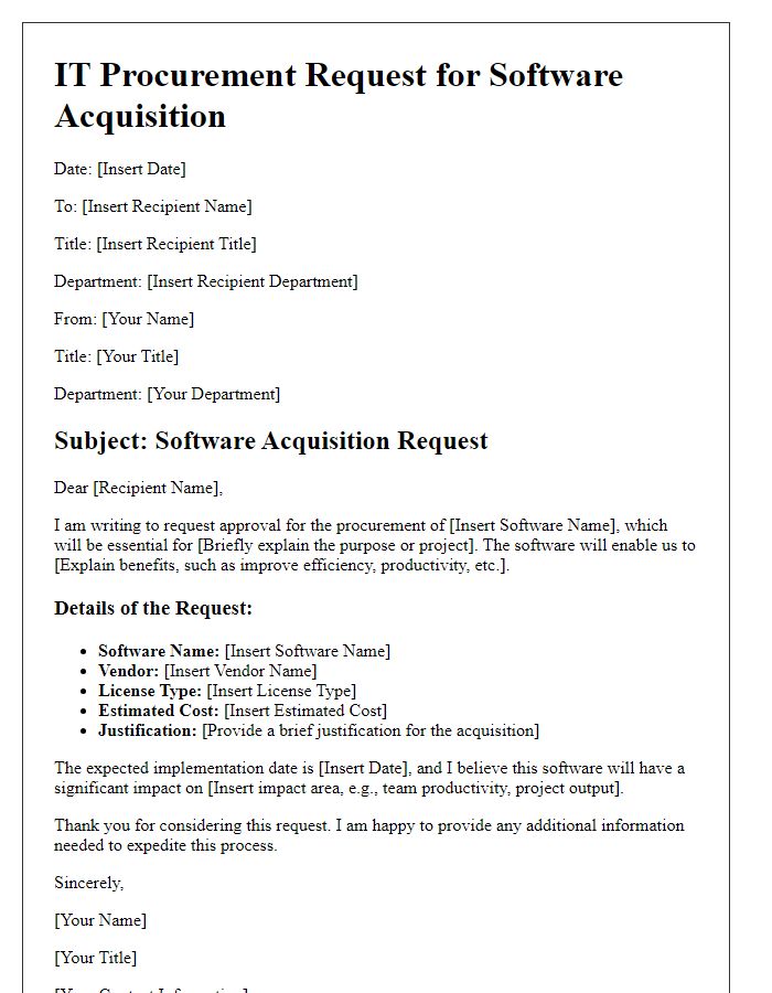 Letter template of IT procurement request for software acquisition