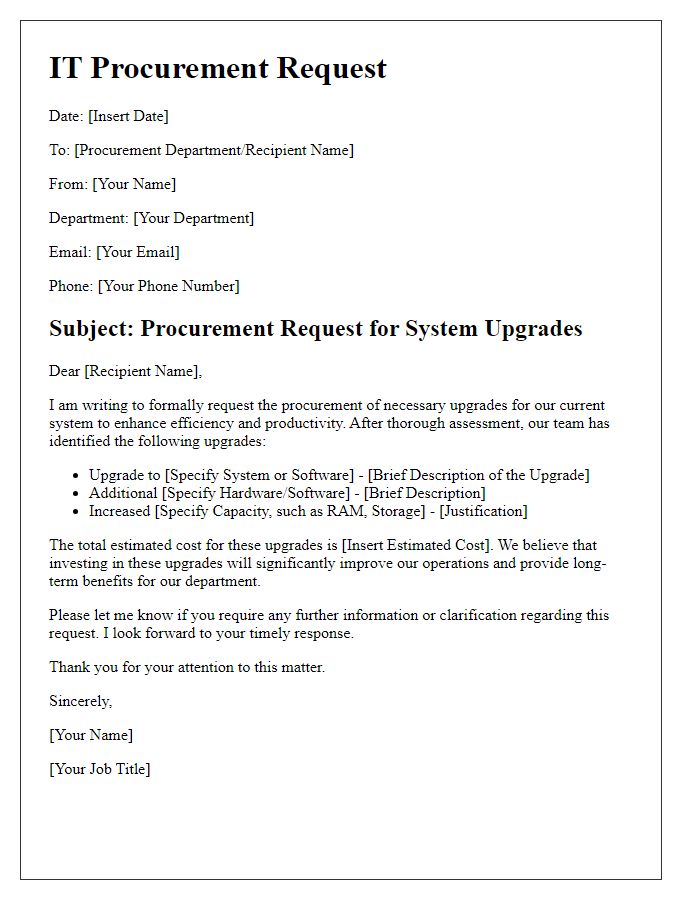 Letter template of IT procurement request for system upgrades