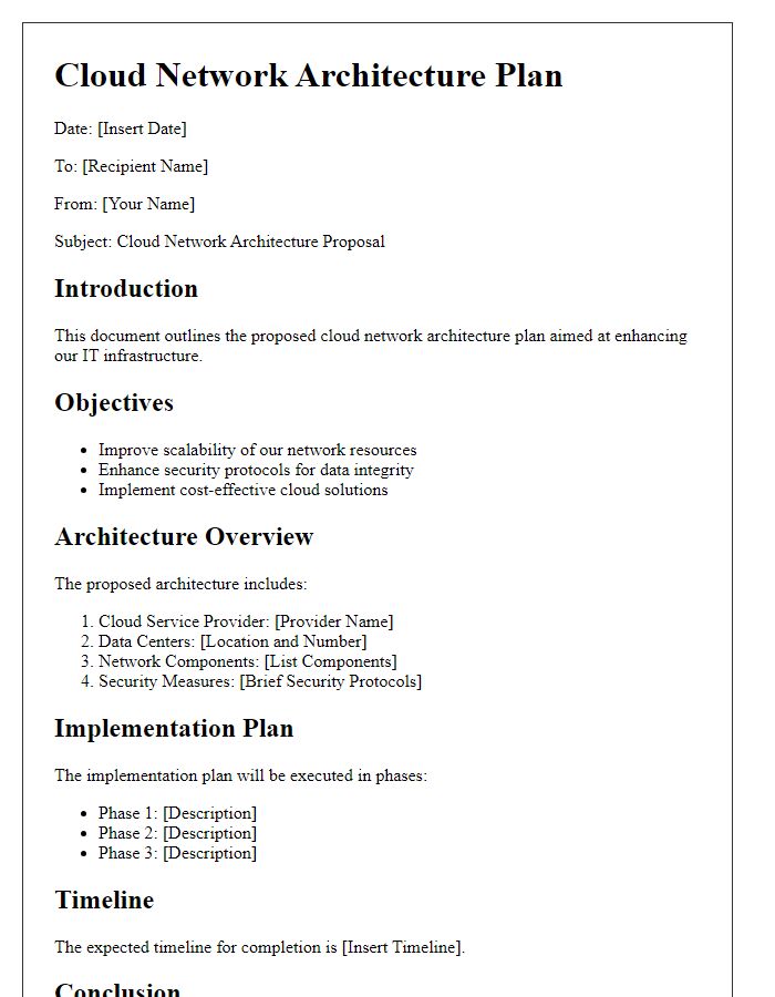 Letter template of cloud network architecture plan