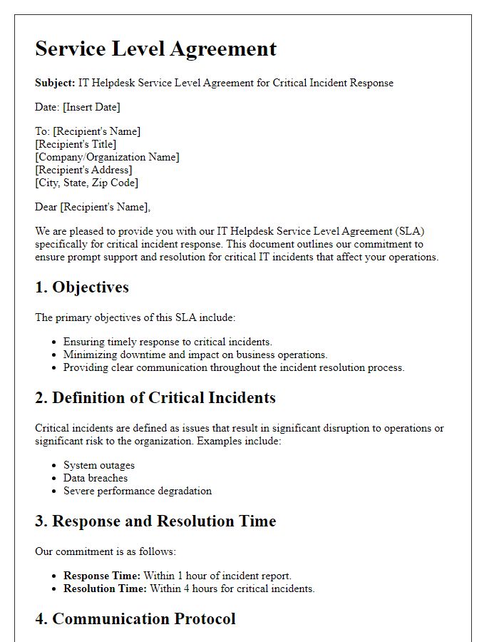 Letter template of IT helpdesk service level agreement for critical incident response