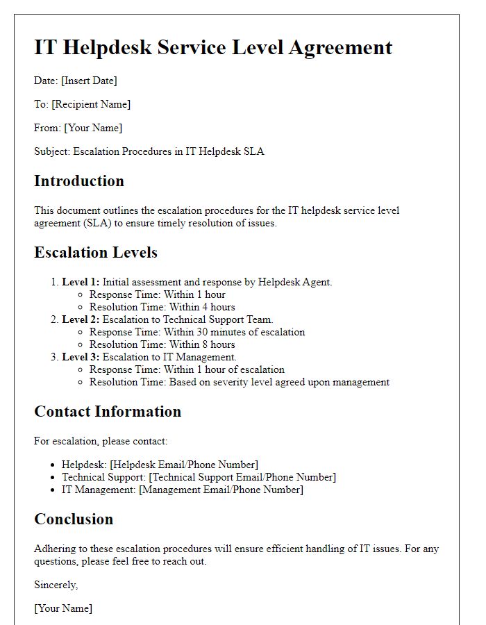 Letter template of IT helpdesk service level agreement for escalation procedures