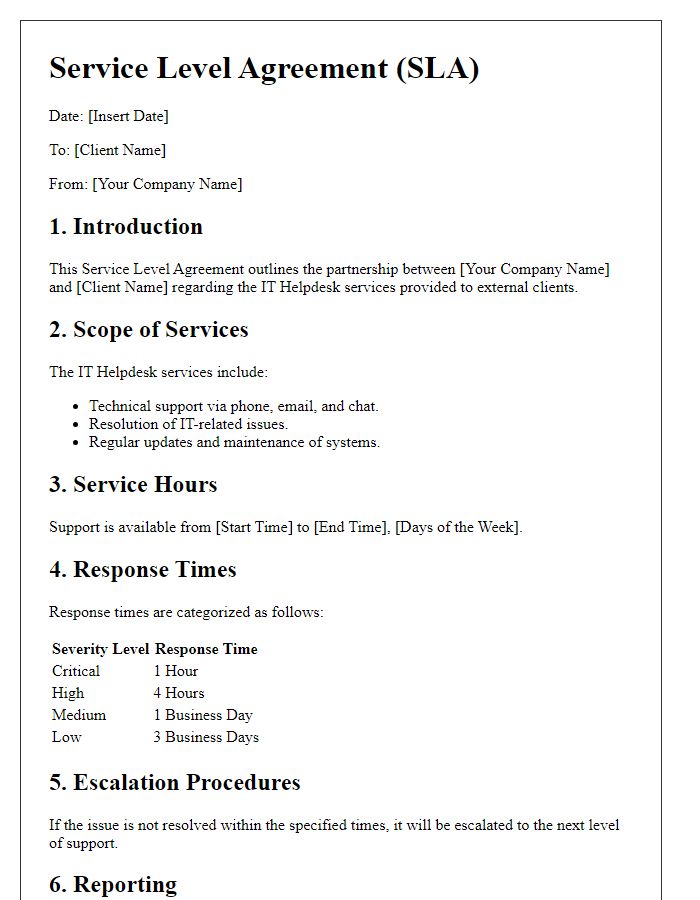 Letter template of IT helpdesk service level agreement for external clients