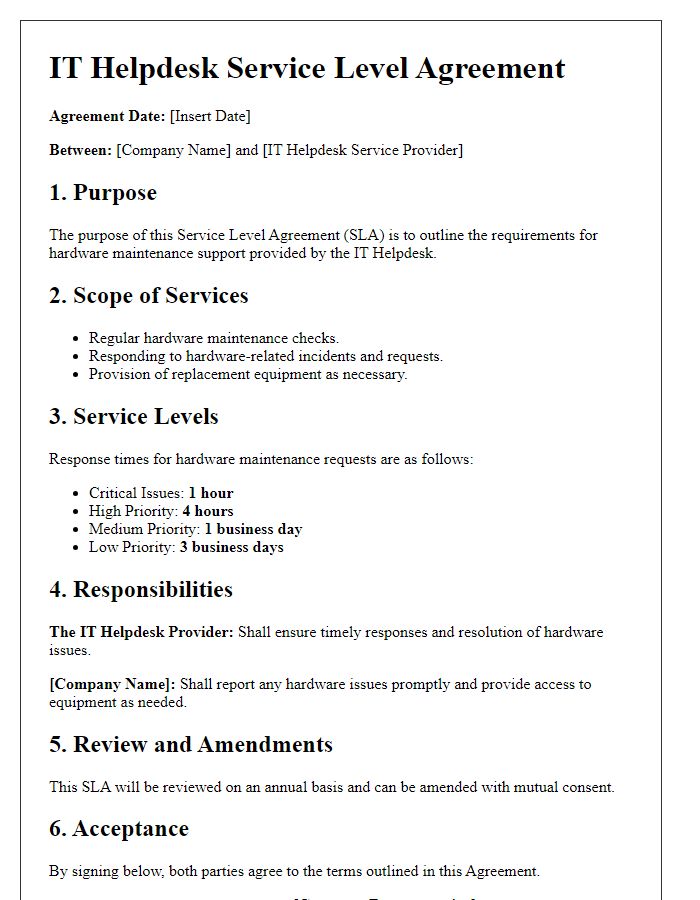 Letter template of IT helpdesk service level agreement for hardware maintenance