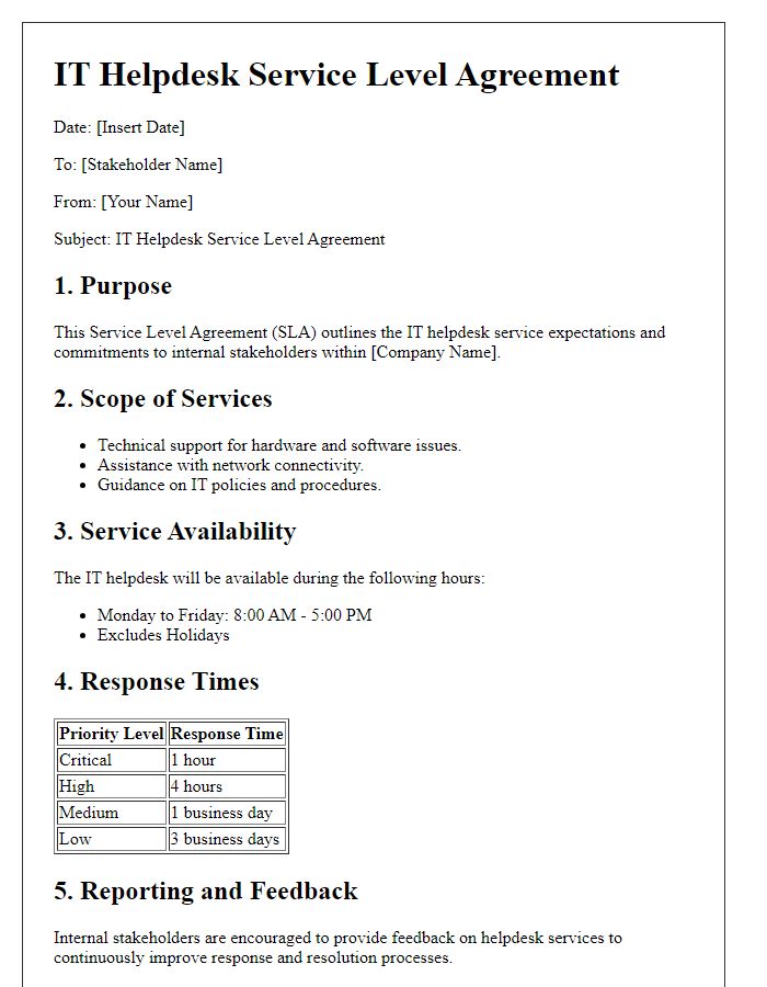 Letter template of IT helpdesk service level agreement for internal stakeholders