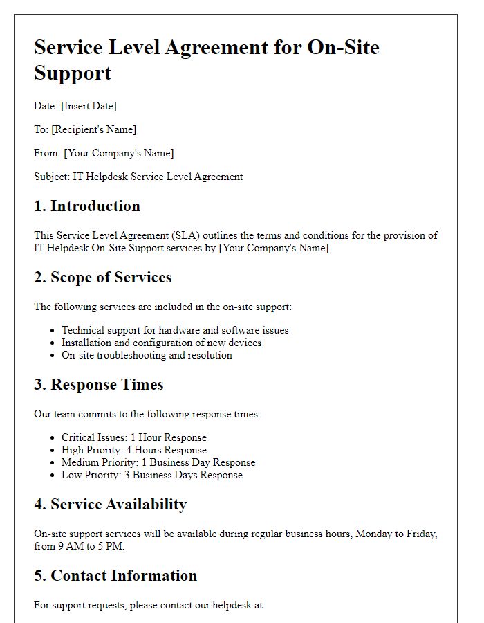 Letter template of IT helpdesk service level agreement for on-site support