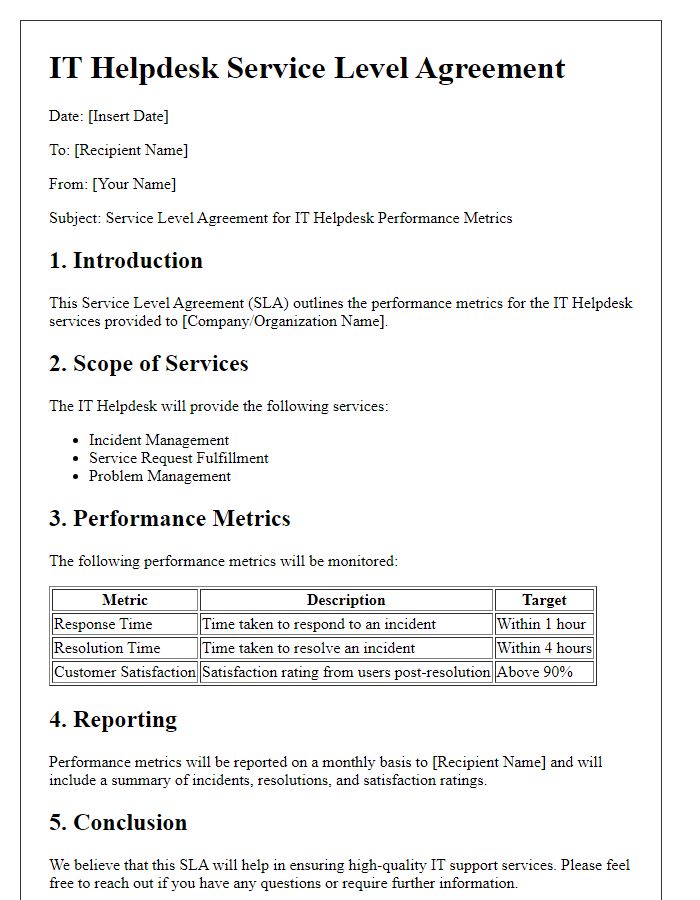 Letter template of IT helpdesk service level agreement for performance metrics