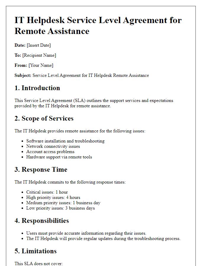 Letter template of IT helpdesk service level agreement for remote assistance