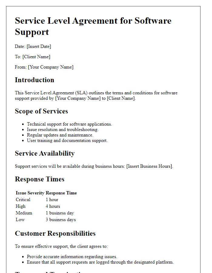 Letter template of IT helpdesk service level agreement for software support