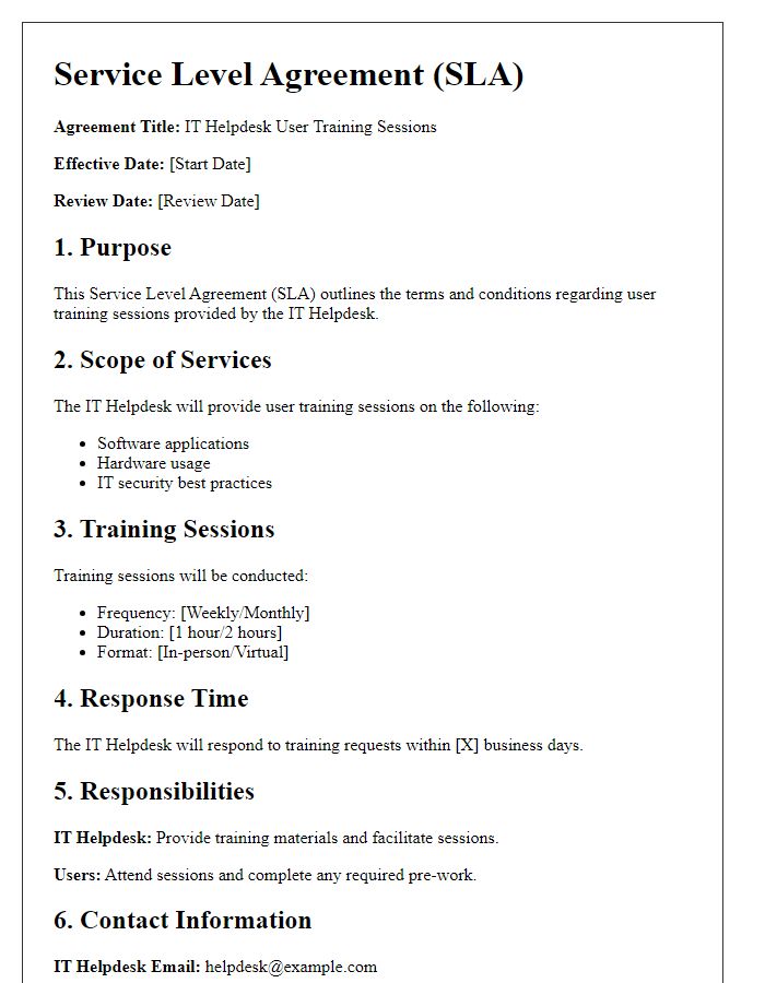 Letter template of IT helpdesk service level agreement for user training sessions