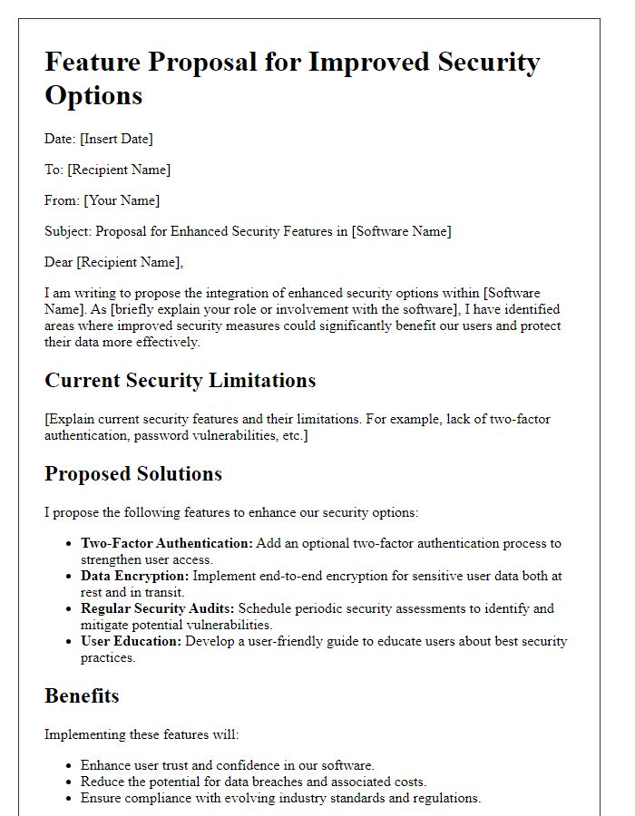 Letter template of a software feature proposal for improved security options.