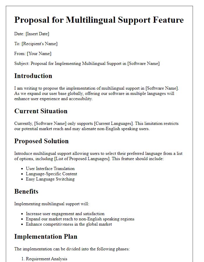 Letter template of a software feature proposal for multilingual support.