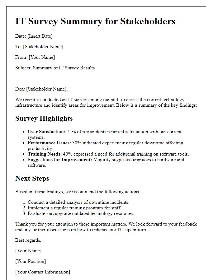 Letter template of IT survey summary for stakeholder communication