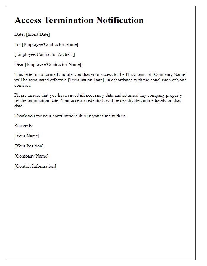 Letter template of IT system access termination for contract conclusion.