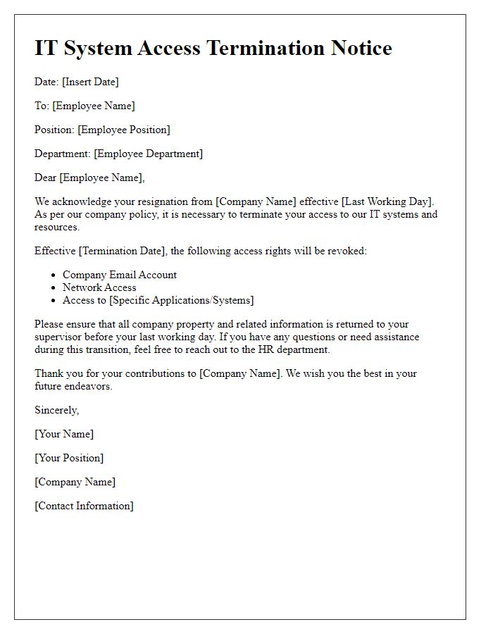 Letter template of IT system access termination for employee resignation.