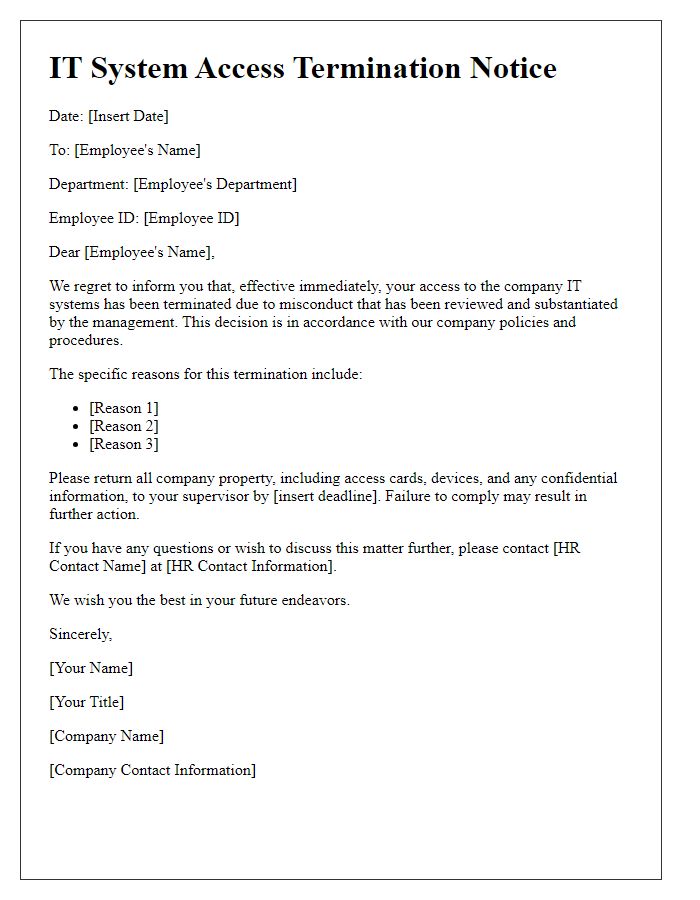 Letter template of IT system access termination for misconduct.