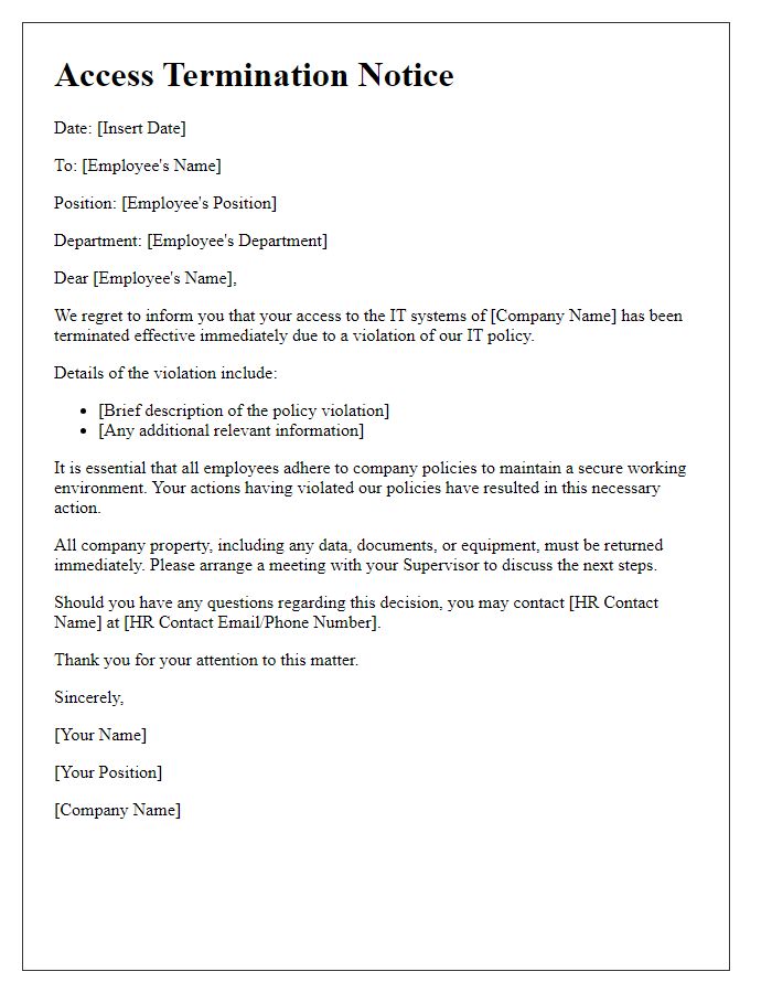 Letter template of IT system access termination for policy violation.