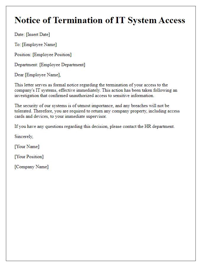 Letter template of IT system access termination for unauthorized access.