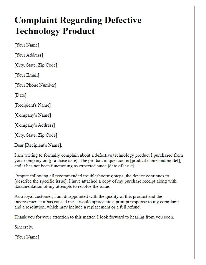 Letter template of complaint regarding defective technology products