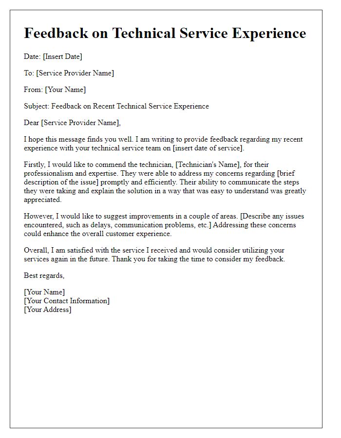 Letter template of feedback on recent technical service experience