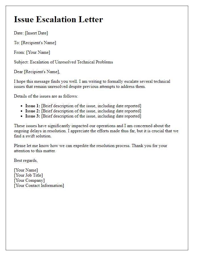 Letter template of issue escalation for unresolved tech problems