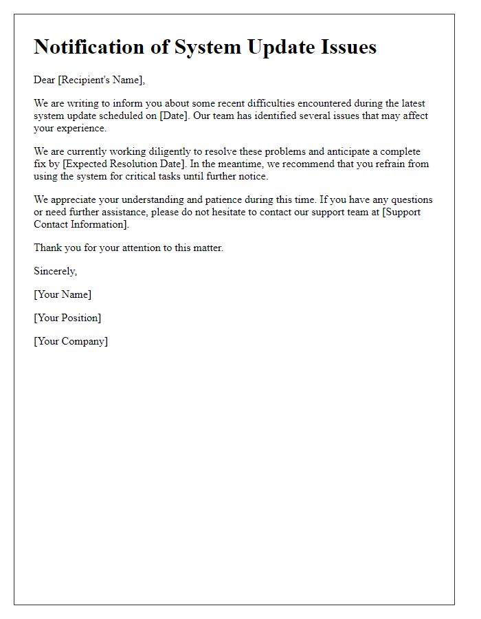 Letter template of notification for system update problems