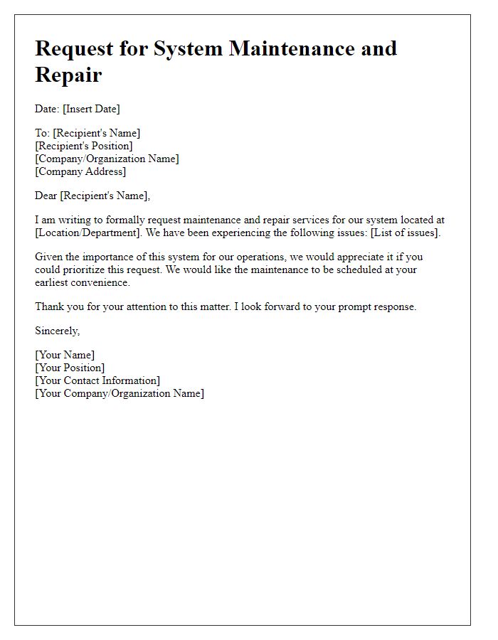 Letter template of request for system maintenance and repair