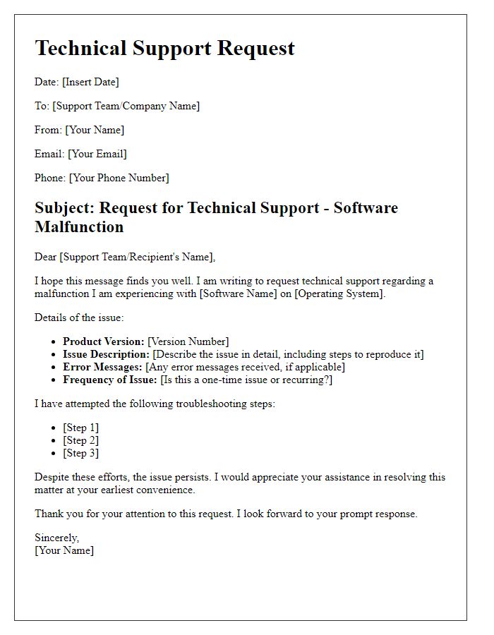 Letter template of technical support request for software malfunction