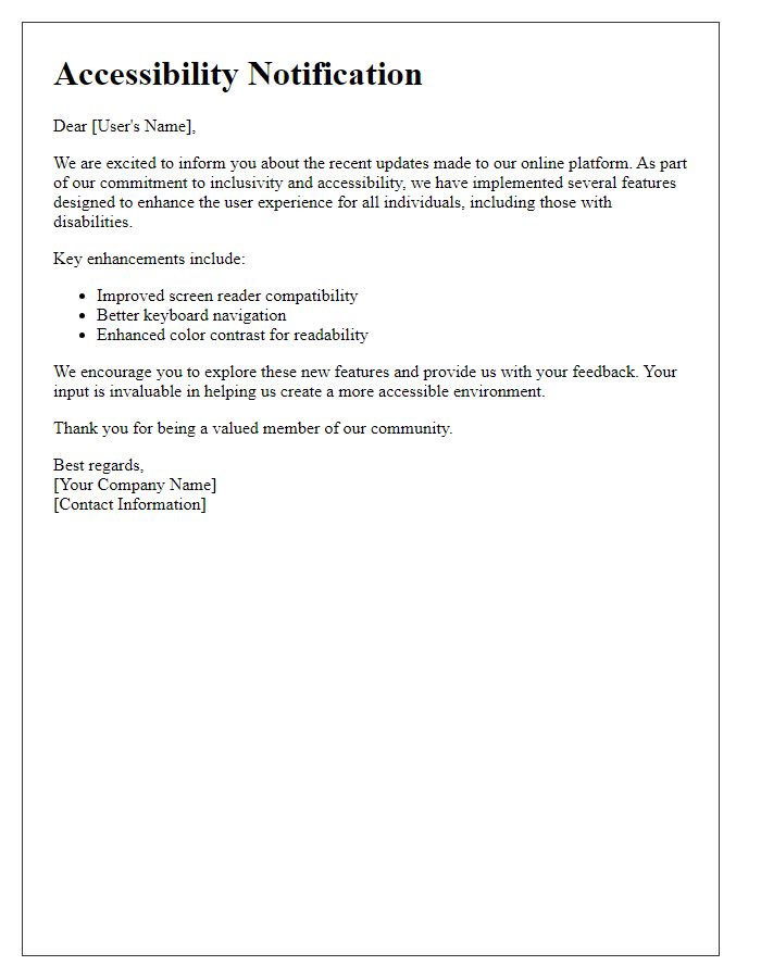 Letter template of online platform accessibility notification