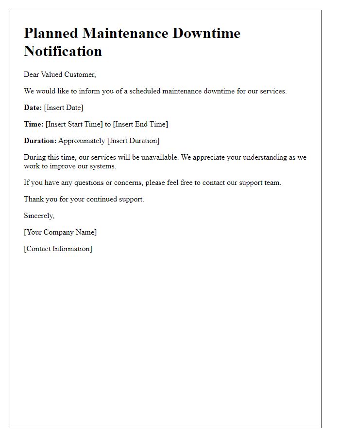 Letter template of planned maintenance downtime alert