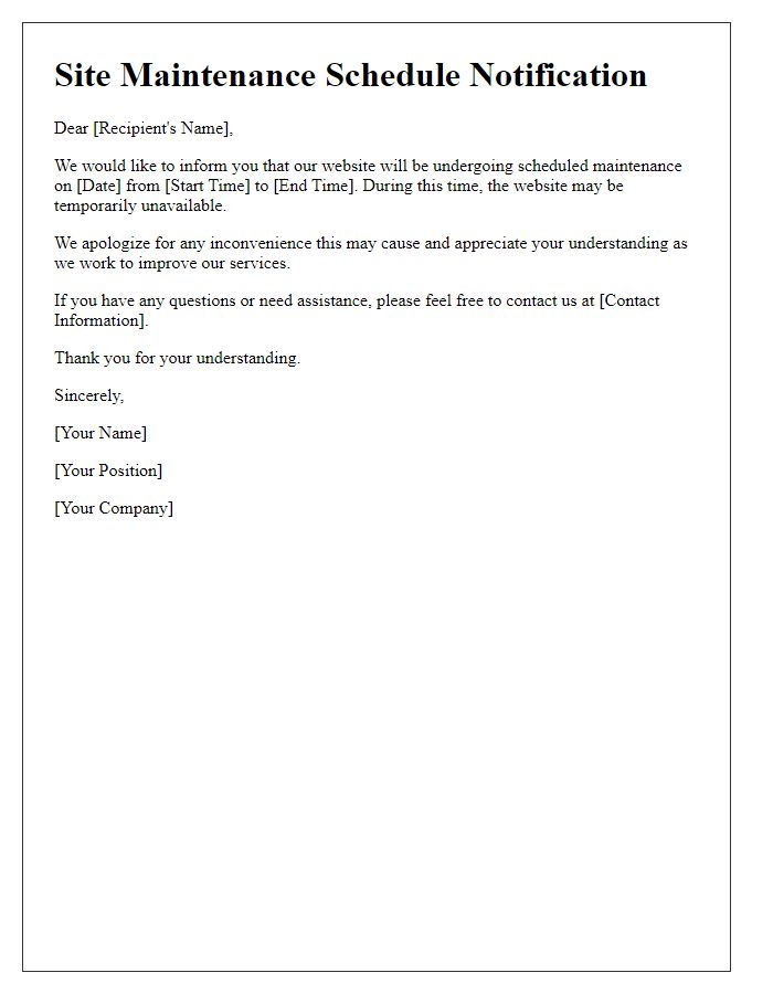 Letter template of site maintenance schedule notification