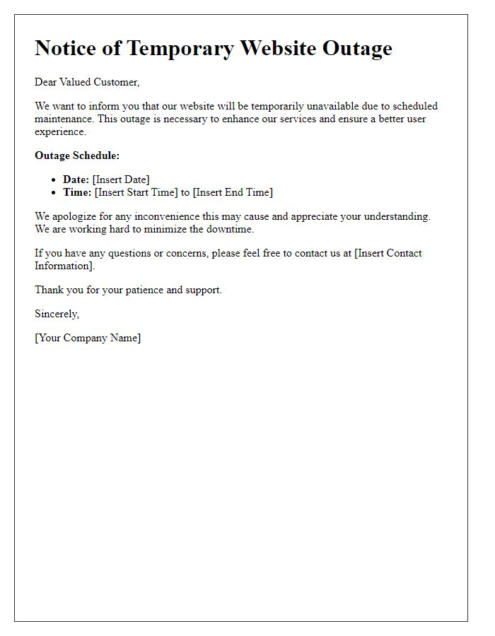 Letter template of temporary website outage notification