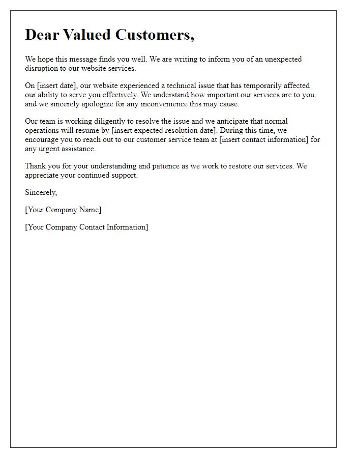 Letter template of unexpected website disruption message