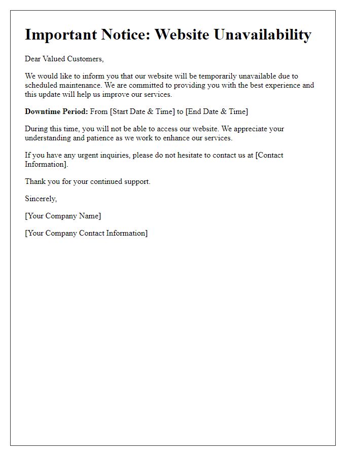 Letter template of website unavailability communication