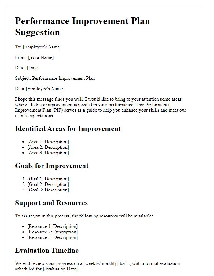 Letter template of performance improvement plan suggestion