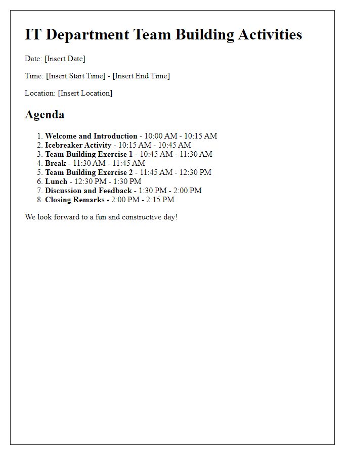 Letter template of Agenda for IT Department Team Building Activities