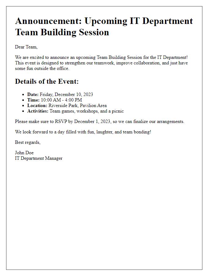 Letter template of Announcement for Upcoming IT Department Team Building Session