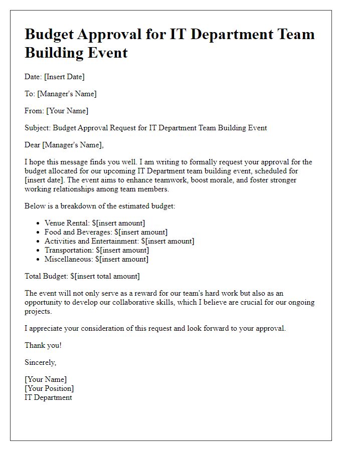 Letter template of Budget Approval for IT Department Team Building Event