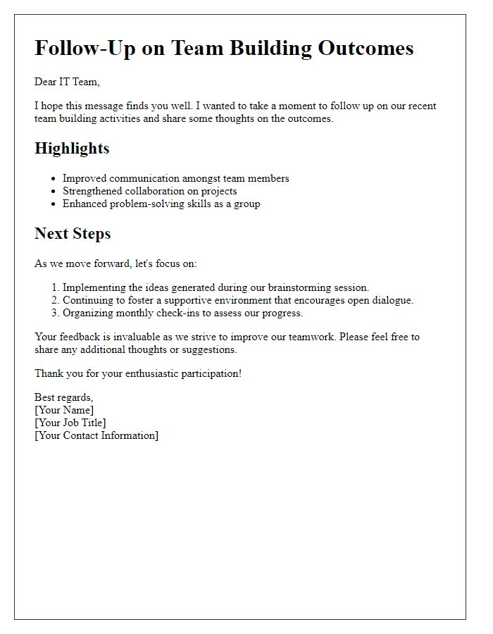 Letter template of Follow-Up for IT Department Team Building Outcomes