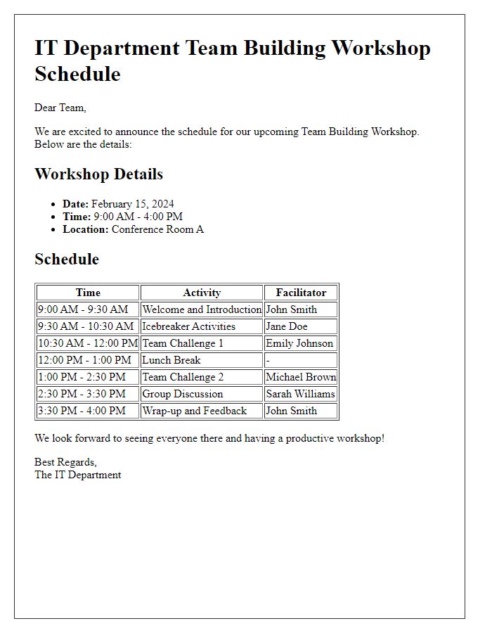 Letter template of Schedule for IT Department Team Building Workshop