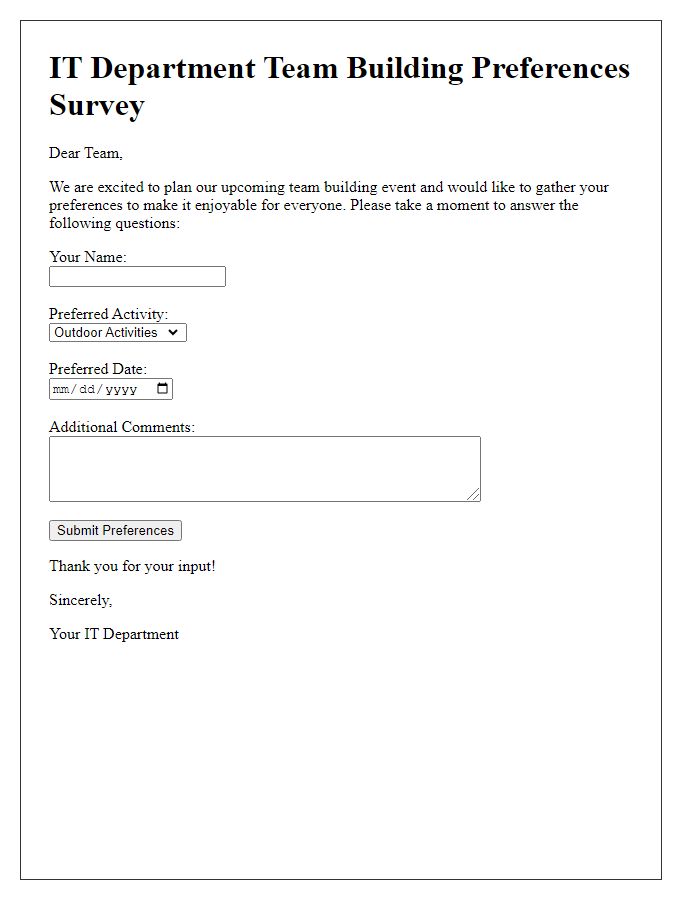 Letter template of Survey for IT Department Team Building Preferences