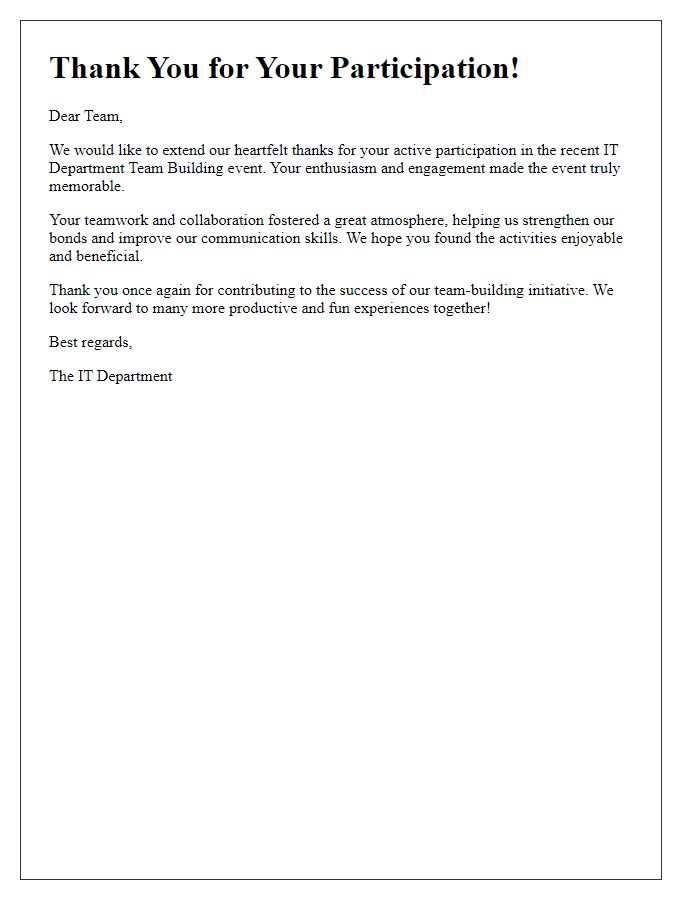 Letter template of Thank You for Participation in IT Department Team Building