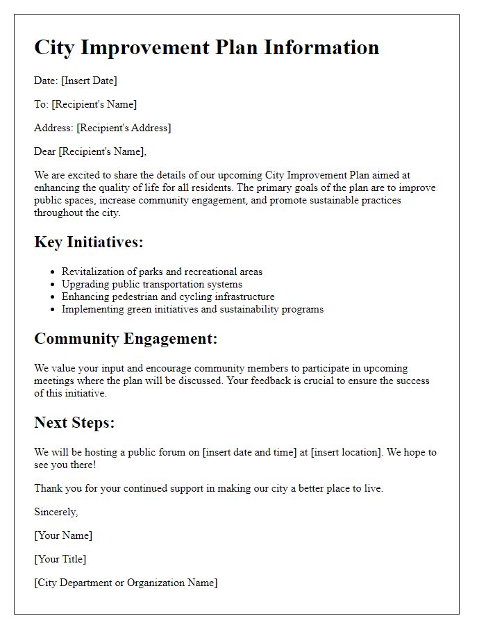 Letter template of city improvement plan information