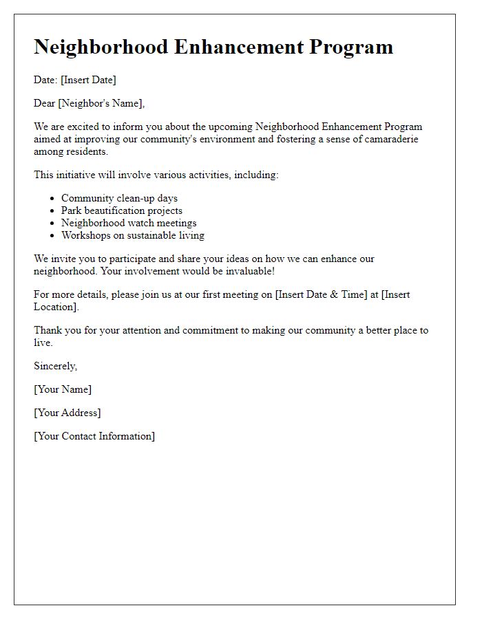 Letter template of neighborhood enhancement program communication