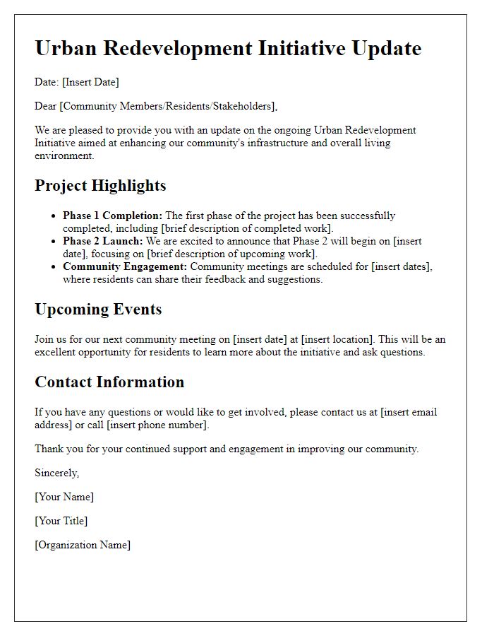 Letter template of urban redevelopment initiative update