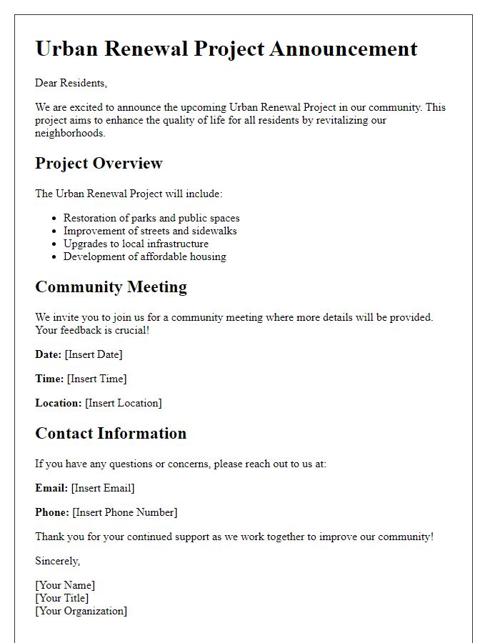 Letter template of urban renewal project announcement