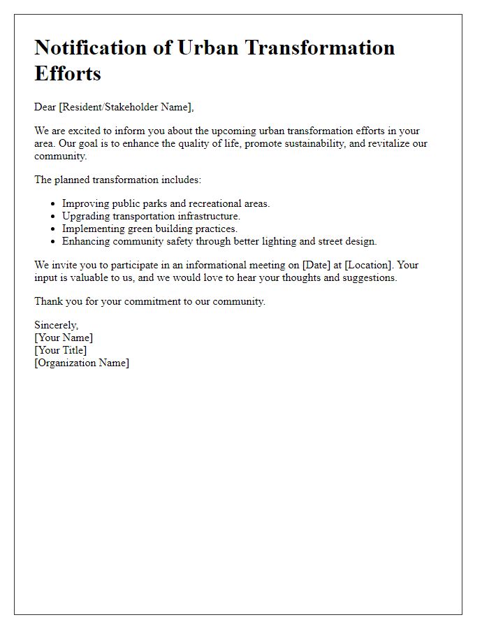 Letter template of urban transformation effort notification