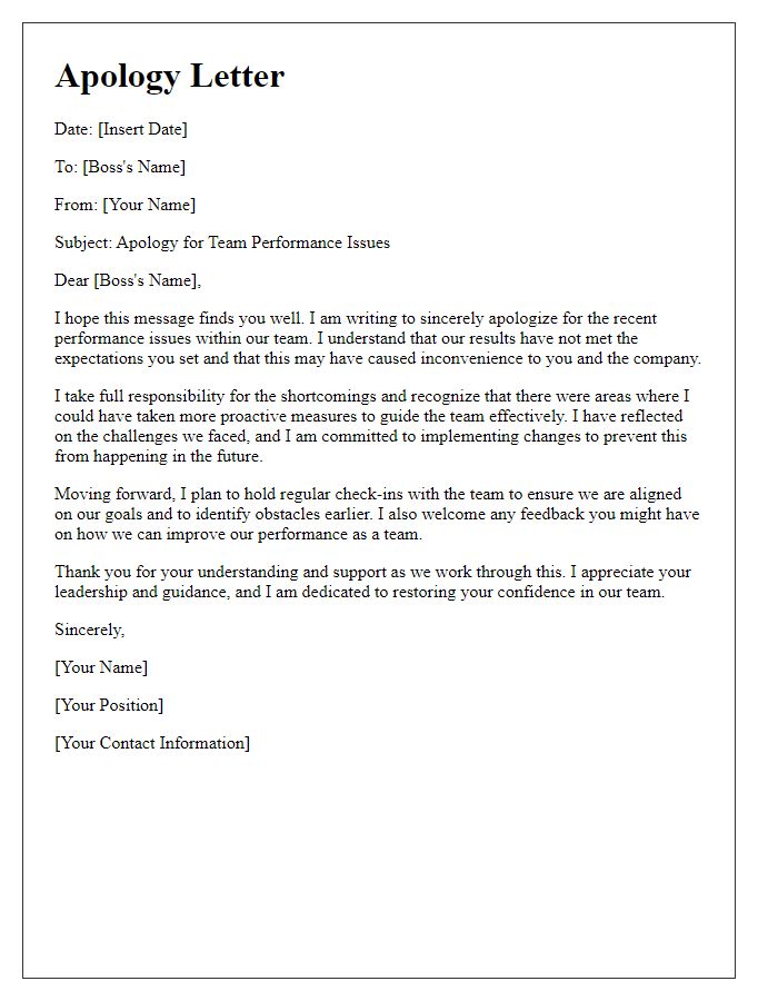 Letter template of constructive apology to a boss for team performance issues