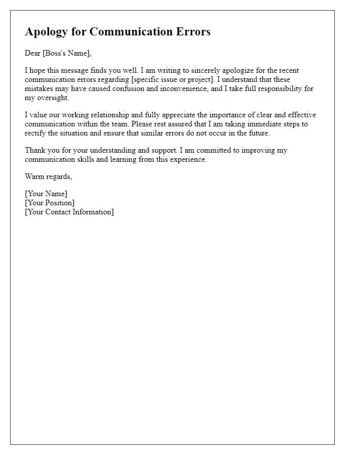 Letter template of courteous apology to a boss for communication errors